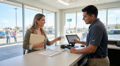 A modern car hire driving on a scenic highway through the vast, open landscape of rural Texas