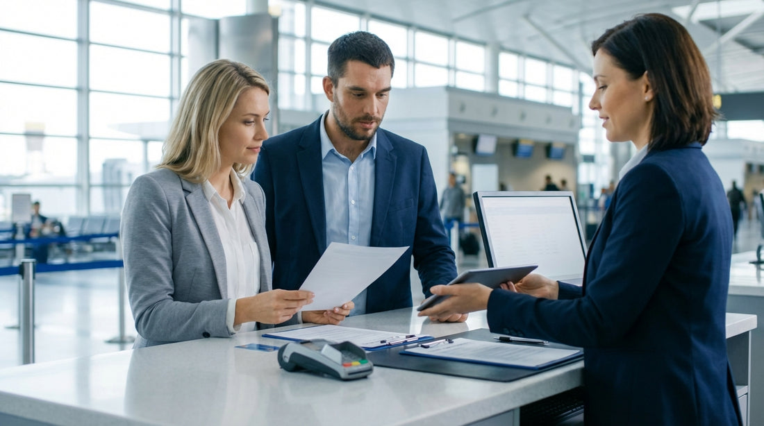 A red convertible car rental driving along a sunny, palm-lined road in Florida