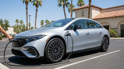 Charging cable connector plugged into an electric car rental at a sunny charging station in Los Angeles