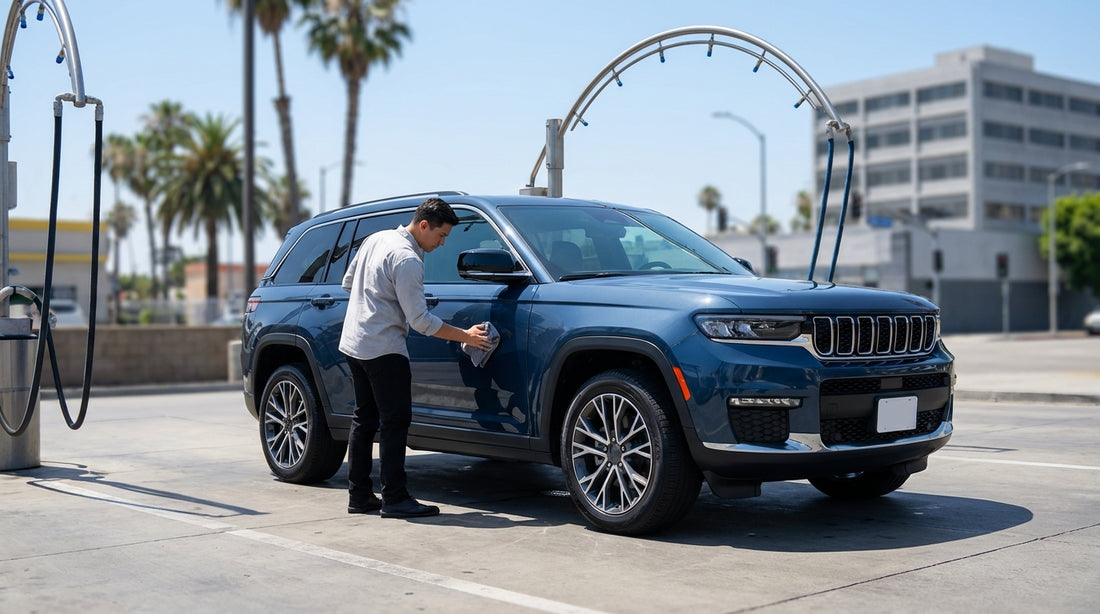 A modern car hire driving down a sunny, palm-lined street in Los Angeles