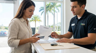 A person at a Florida car rental counter reviews paperwork before receiving the keys