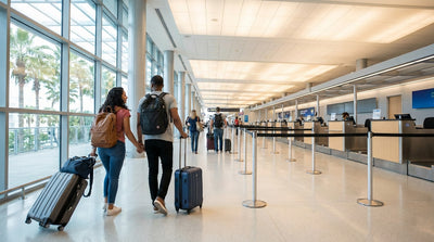 Travelers with luggage follow overhead signs for car rental at the busy Orlando Airport arrivals hall