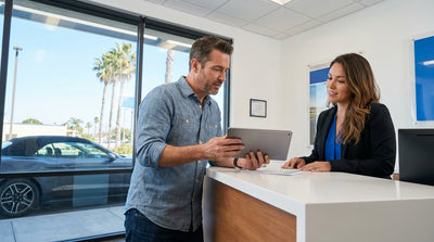 A silver car rental parked on a cliffside overlooking a sunny coastal highway in Big Sur, California