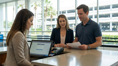 A customer hands a credit card to an agent at a bright Orlando Airport car hire counter