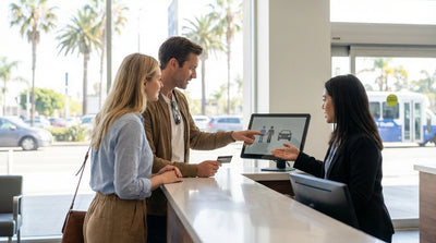 A person choosing a luxury SUV at a car rental lot with palm trees in Los Angeles