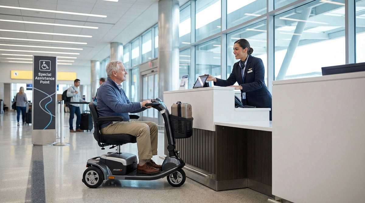A traveler in a wheelchair gets assistance for their car rental at the busy San Francisco International Airport