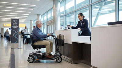 A traveler in a wheelchair gets assistance for their car rental at the busy San Francisco International Airport