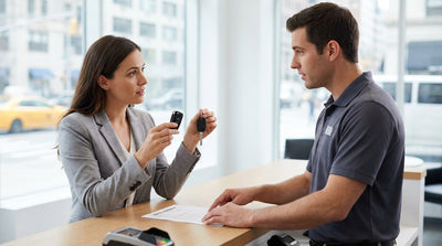 A person inspects the key to their car hire vehicle on a busy street in downtown New York City