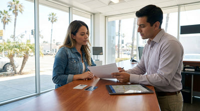 A driver stands next to their silver car rental on a sunny street lined with palm trees in California