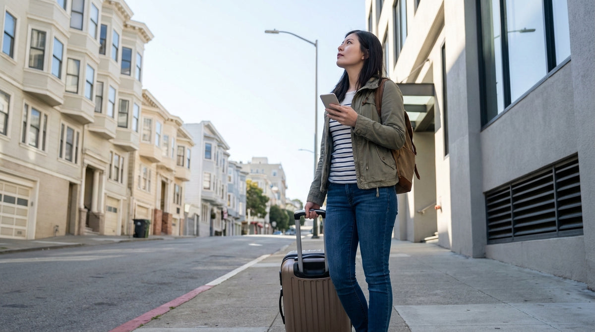 The Budget car rental storefront on a sunny Howard Street in San Francisco with pedestrians walking by
