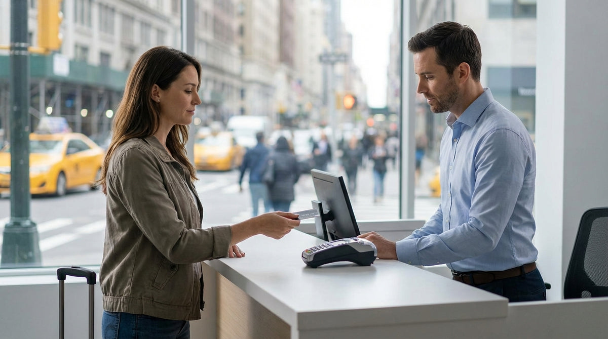 A person holding a credit card to pay for their car hire on a busy street in New York City