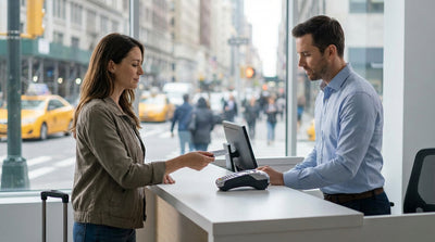 A person holding a credit card to pay for their car hire on a busy street in New York City