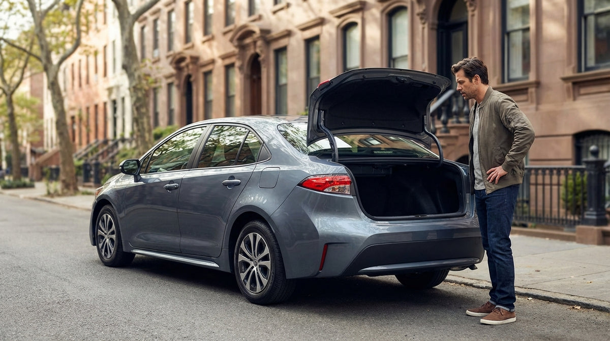 A white car rental parked on a busy New York City street with yellow cabs and skyscrapers in the background