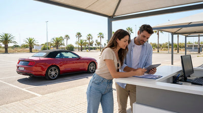 A red convertible car hire driving on a sunny coastal road in Florida, with palm trees and blue ocean