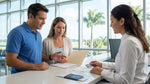 Customer showing travel documents at a service desk for a car rental in Florida