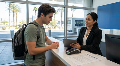 A young driver stands beside their car rental at dusk with the neon lights of the Las Vegas Strip in the background