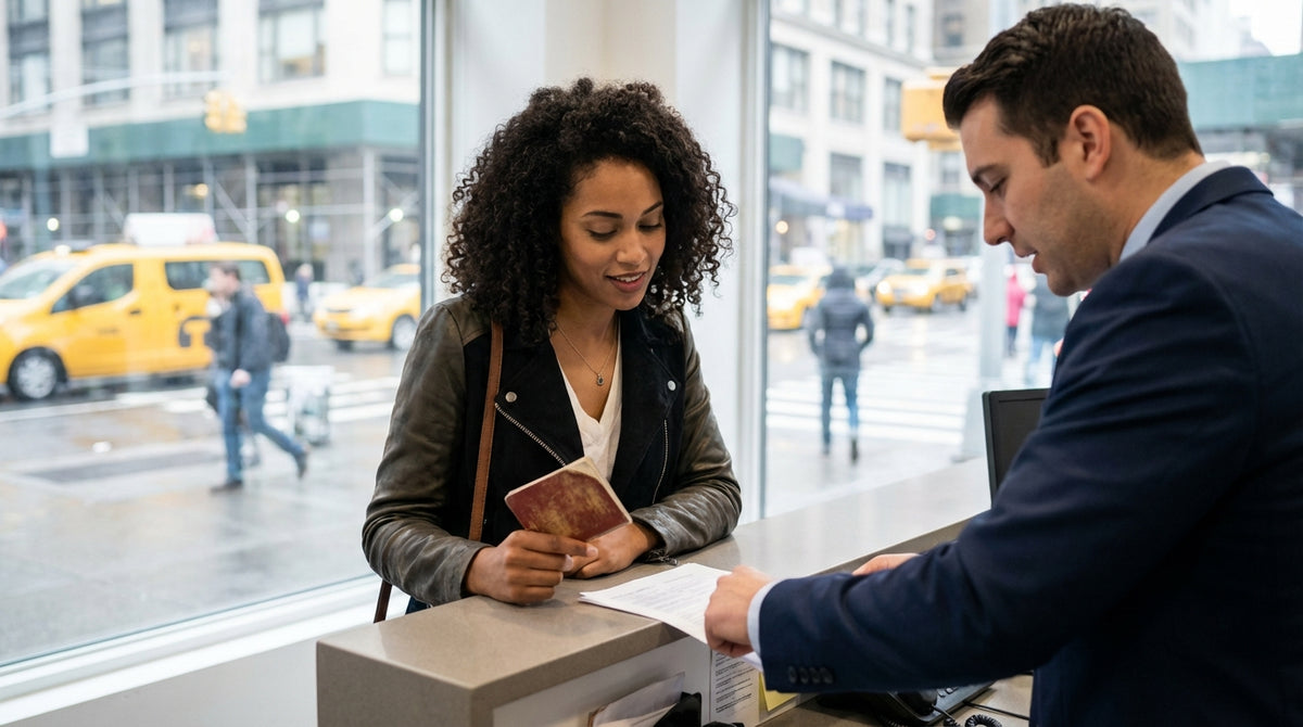 A sleek car rental driving on a street in New York with the Manhattan skyline in the background