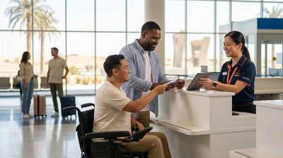 An accessible shuttle bus for the Las Vegas car rental center with its wheelchair ramp extended at the airport terminal curb