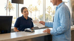 Person handing a paper driving licence to an agent at a car rental desk in California