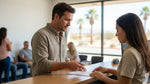 Customer showing documents to an agent at a car rental desk in Texas