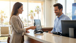Customer handing a credit card to a desk agent at a California car rental counter
