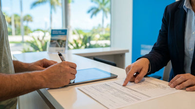 A white convertible car rental parked on a sunny coastal road lined with palm trees in Florida