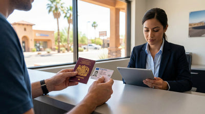 A person driving their car rental on an open road trip through the vast Texas landscape at sunset