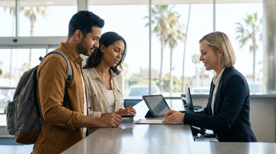 A car hire driving on a sunny Los Angeles freeway with the downtown skyline in the background