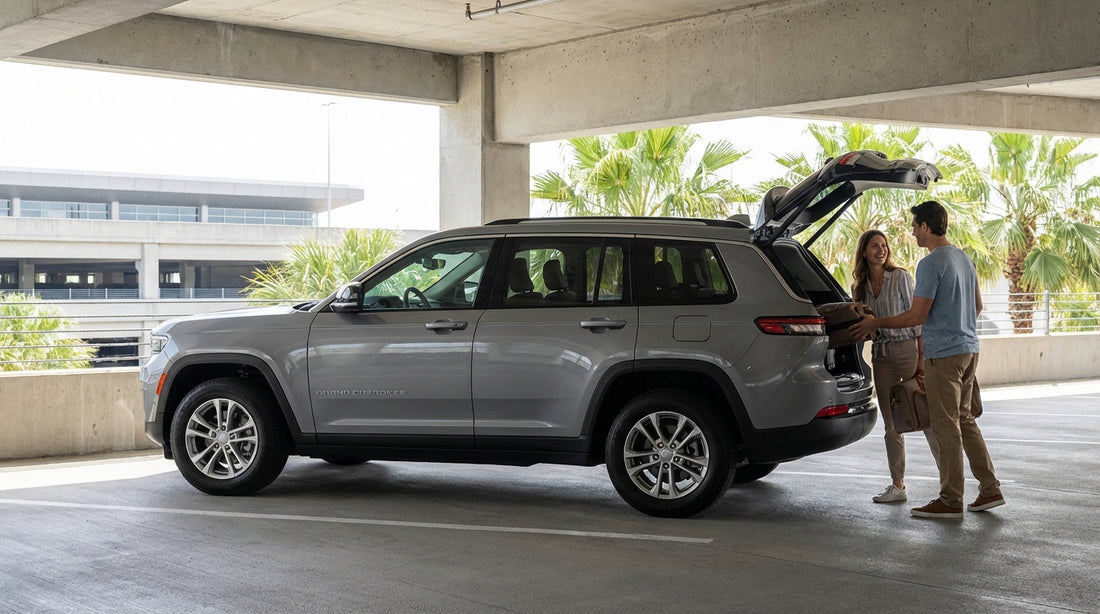 A row of vehicles available for car hire at an Orlando airport rental center on a sunny day