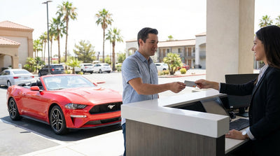 A red convertible car rental driving down the Las Vegas Strip at night, illuminated by neon casino signs