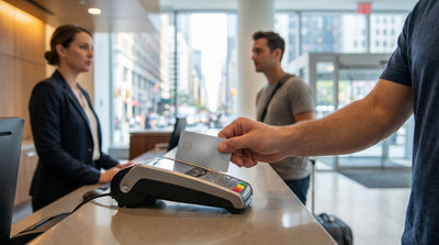 A modern sedan car hire parked on a street in New York with iconic yellow cabs in the background
