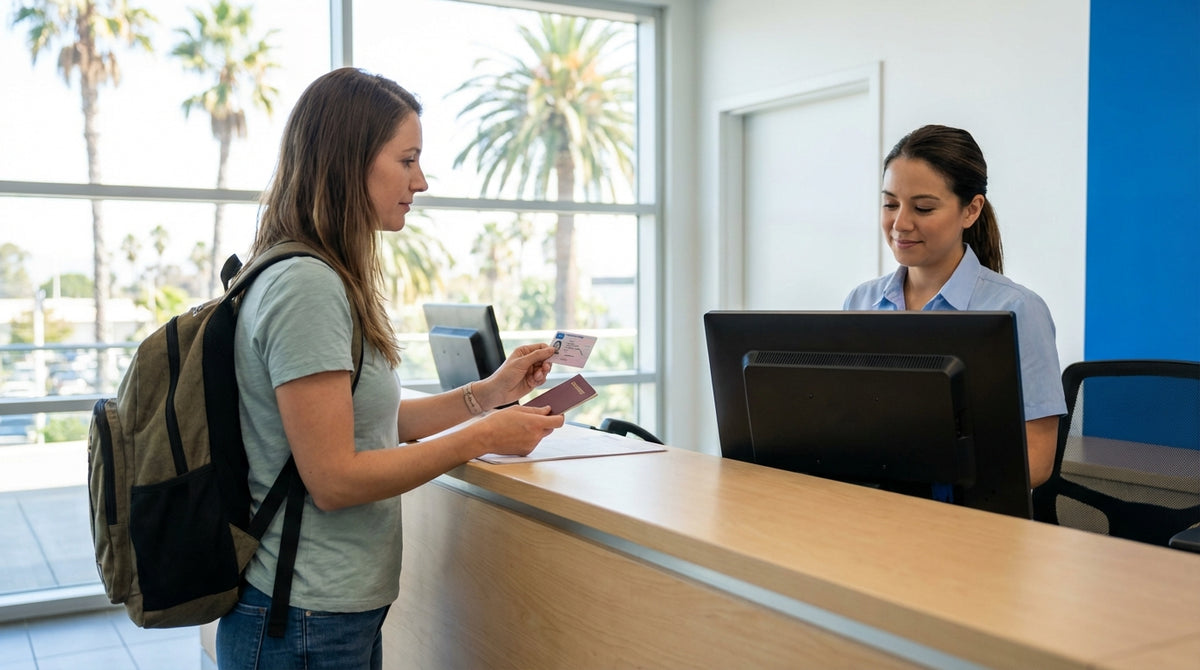 A convertible car rental driving on a scenic coastal highway on a sunny day in California