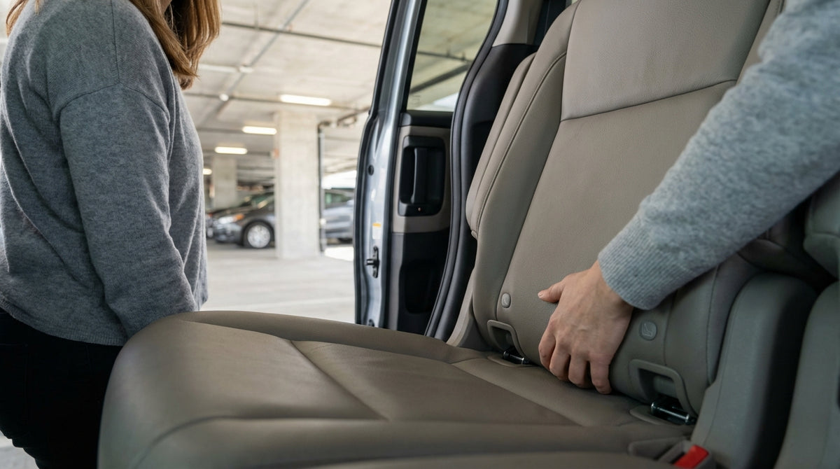 A person leans into the back of a car rental to inspect the seats on a New York City street