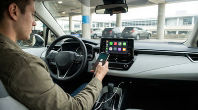 A driver's hands plugging an iPhone into the dashboard of a car rental vehicle at an airport in New York