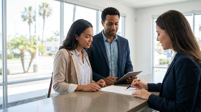 A red convertible car rental driving down a sunny, winding coastal highway in California