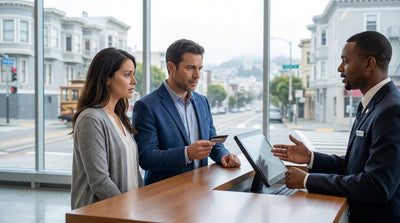 A person with their car hire looks at the Golden Gate Bridge from a scenic viewpoint in San Francisco