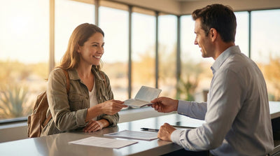 A person driving a convertible car rental down a long, empty highway in the Texas countryside
