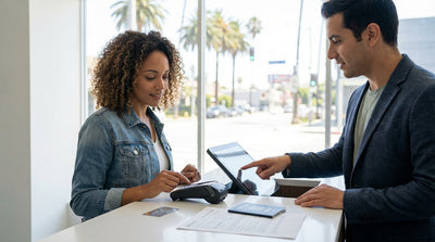 A red convertible car rental driving down a sunny, palm-lined street in Los Angeles