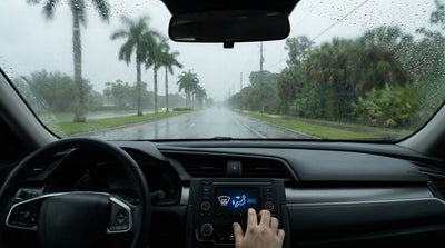 Foggy windscreen of a car rental seen from the driver's seat during a rainstorm in Florida
