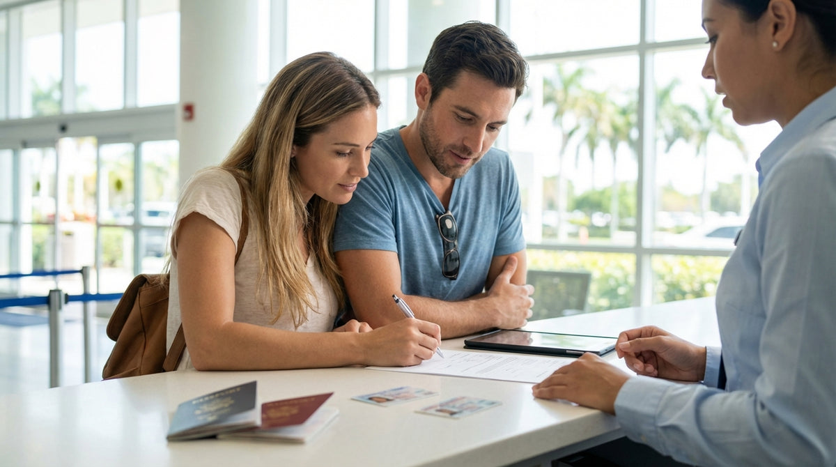 A person with luggage walks towards their red convertible car hire on a sunny palm-lined street in Miami Beach
