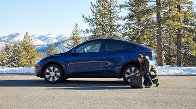 A car rental driving on a scenic, snow-lined mountain road through a forest in California