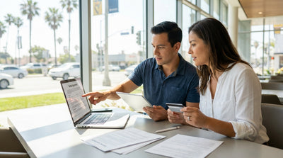 A red car rental convertible drives along the winding Pacific Coast Highway in Big Sur, California