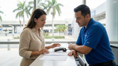 A bright, modern car hire parked under palm trees at the Miami airport rental car center