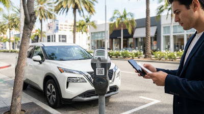 A person uses their phone to scan a QR code on a parking meter for their car rental on a Los Angeles street