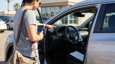 A driver checks the dashboard fuel gauge of a car rental vehicle at an airport parking lot in Texas