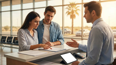 A person reviewing a car rental agreement next to a modern sedan in a sunny Texas parking lot