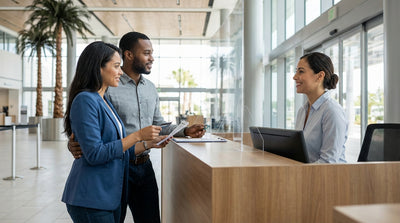 A person's hand holding a credit card and keys at a car hire counter in Miami