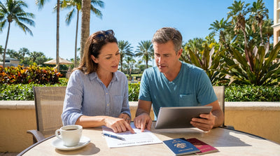 A convertible car hire driving down a scenic highway lined with palm trees in sunny Florida