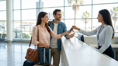 A family with luggage waits for a car hire shuttle bus outside the Los Angeles airport terminal