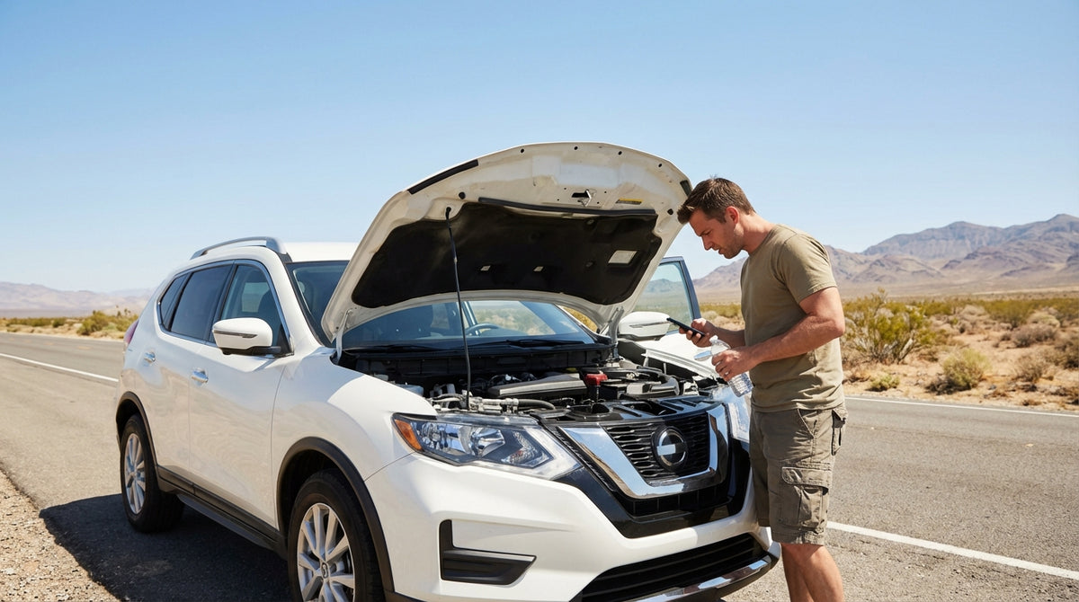 A car rental on a scenic desert highway with red rock formations in the background near Las Vegas